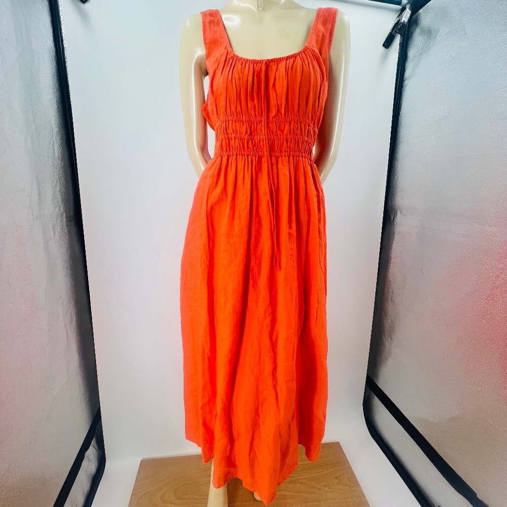 J Crew 100% Linen Grecian Style Midi Tank Dress L Smocked BR467 Orange NWT Airy